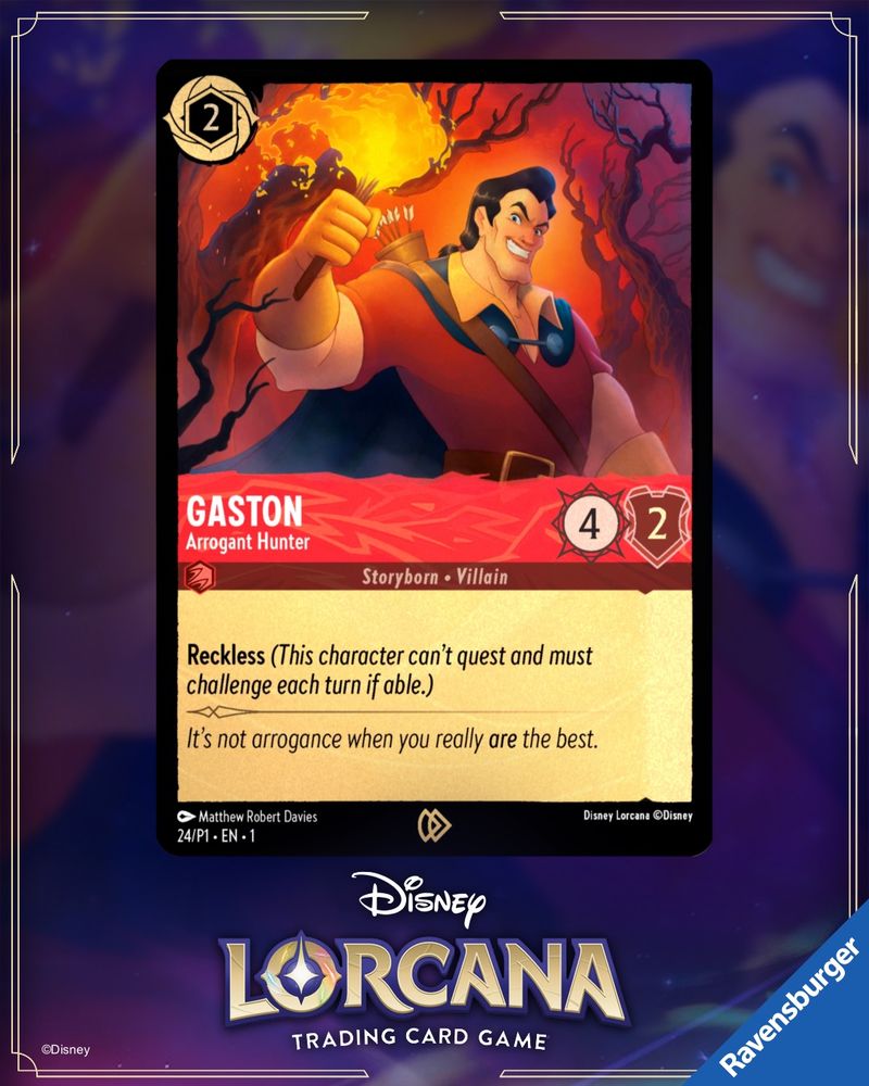 A trading card Illustration for Lorcana depicting Gaston from Disney’s 1991 animated feature ‘Beauty and the Beast’