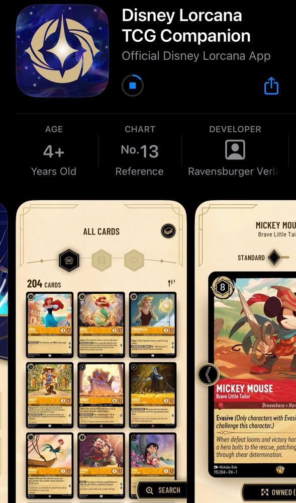 Image from the App Store showing the new Disney Lorcana App with images of illustrated cards featuring Disney characters. 