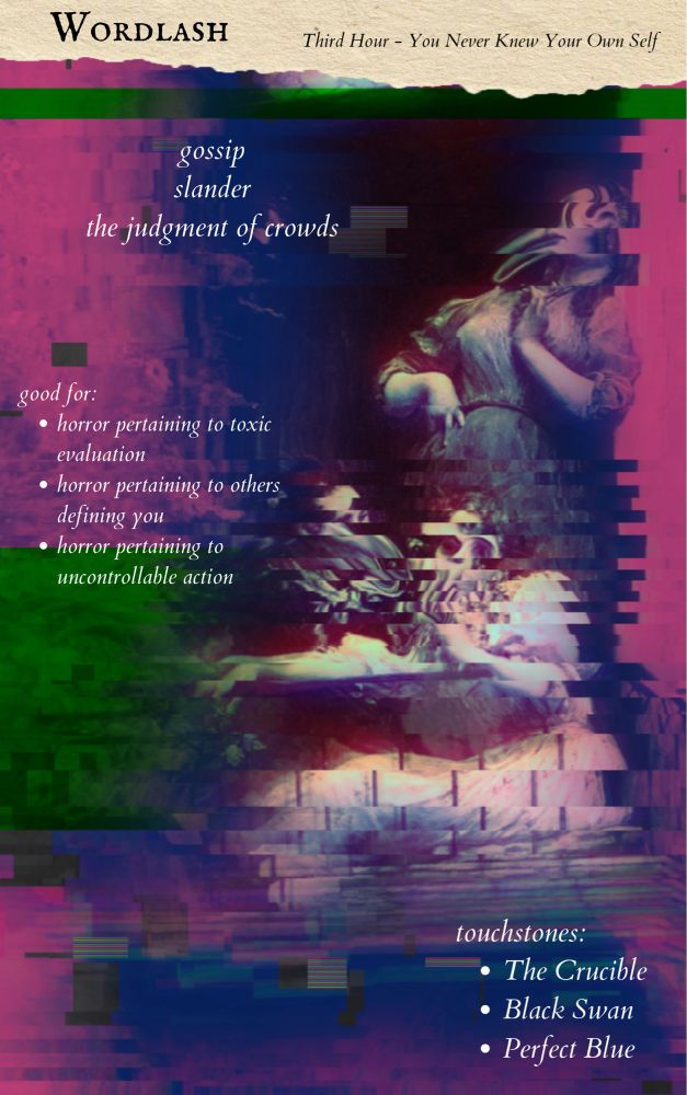 Wordlash - The Third Hour.  You never knew your own self.  Gossip, slander, the judgment of crowds.  Good for horror pertaining to toxic evaluation, others defining you, uncontrollable action.