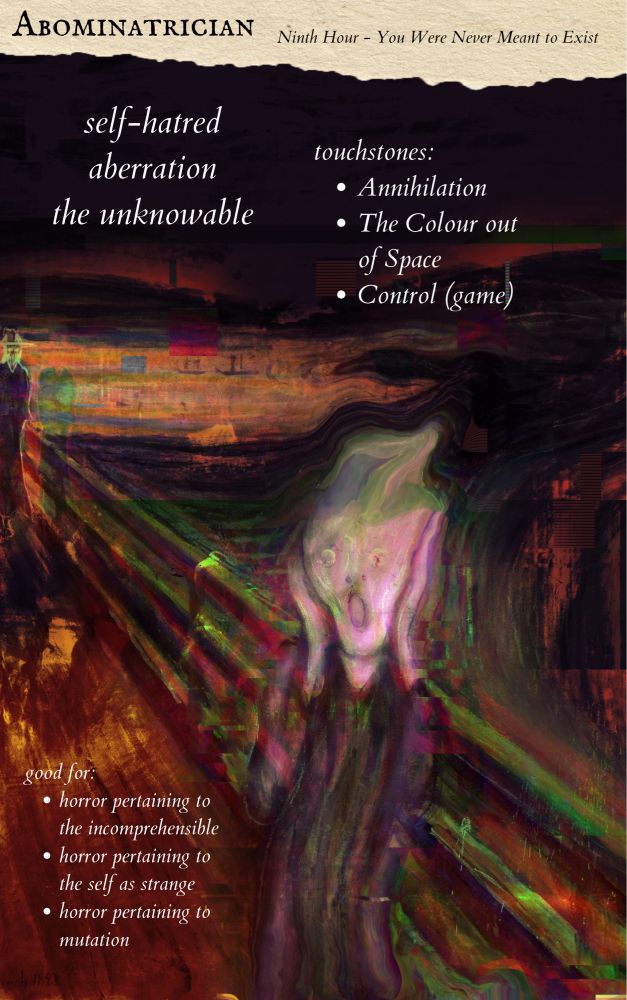 Abominatrician - The Ninth Hour.  You were never meant to exist.  Self-harm, aberration, the unknowable.  Good for the incomprehensible, the self as strange, mutation.