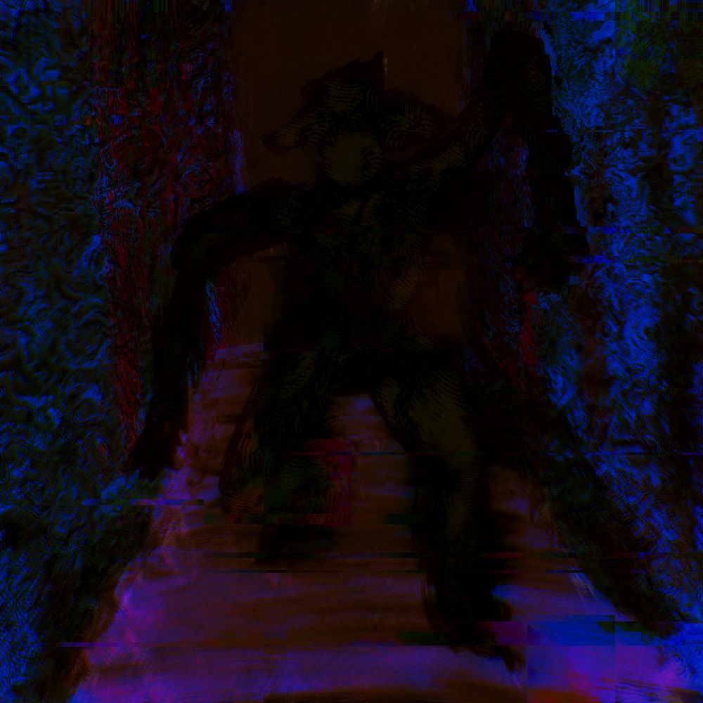 A blue and red hallway with textured blurry patterns, and in the center, a shadowed textured shadowed man with a hat