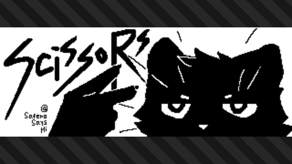 A monochrome pixel art sketch of my sona holding the scissors sign for the demo splatfest, drawn in Splatoon 3 #saferoart