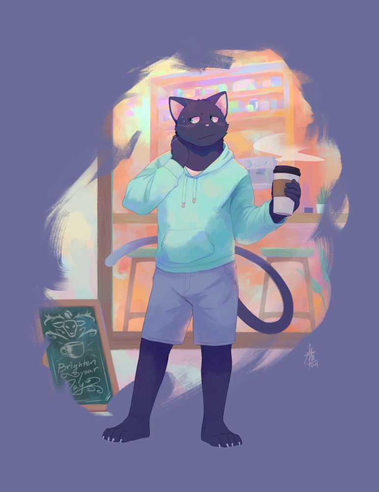 A black cat bashfully rubbing his neck, holding a coffee takeout cup. #saferoart #furryart