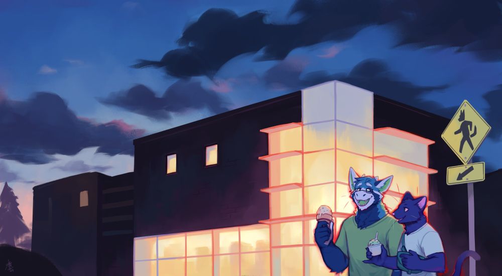 a black cat and red panda dragon in front of a bright building during dusk #saferoart