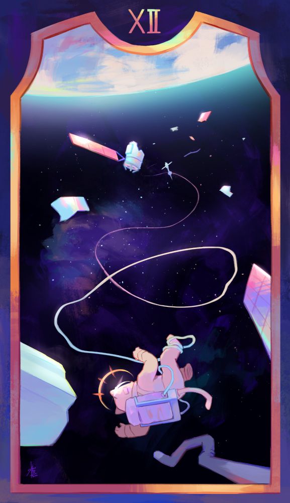 tarot card art of the hanged man, but it's in space, from 2022 #saferoart