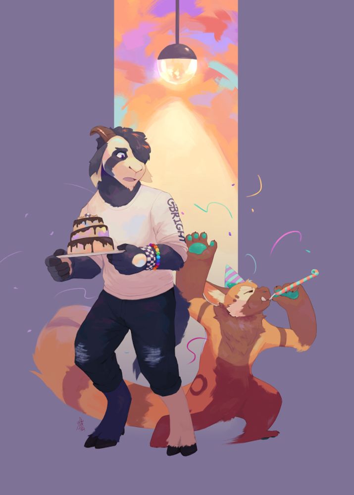 a goat with black and white fur holding a cake, a short fuzzy dragon runs behind him with a party blower and a birthday hat on, causing a ruckus. From 2021. #saferoart #furryart