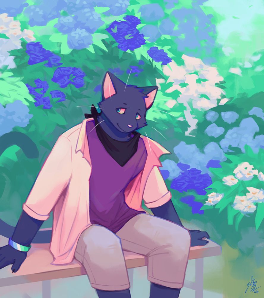 a black cat sitting on a bench with a bloom of flowers behind him, the colors are the same as the mlm flag, he is also wearing an outfit that resembles the demisexual flag. #saferoart