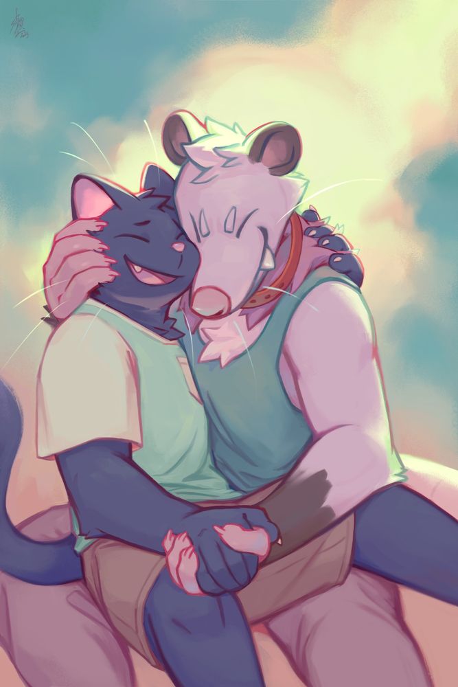 a cat and opossum embracing each other, with hands held and faces nuzzling against each other. @saferoart