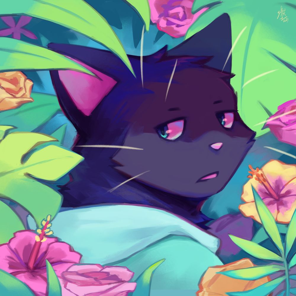 a black cat in a mint hoodie amongst flowers and vegetation #saferoart #furryart