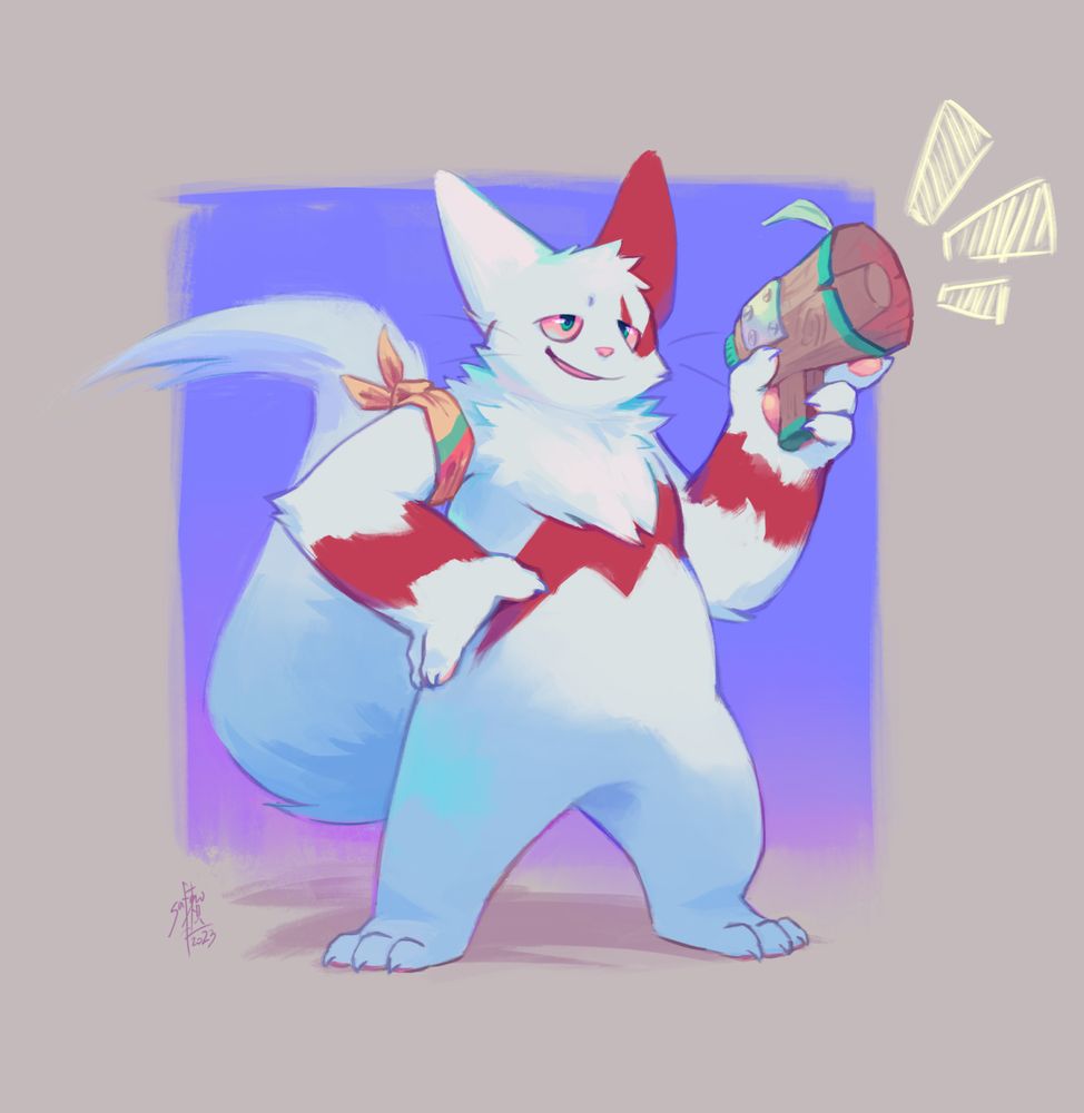 a zangoose with an arm bandana and a wooden megaphone #furryart #saferoart