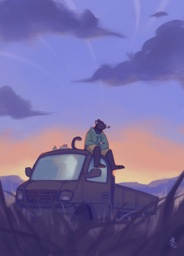 cat sitting on top of a truck in the middle of nowhere, some birthday stuff is laying around. #saferoart #furryart