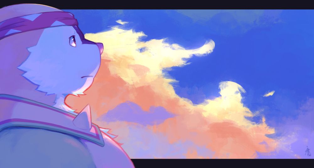 A chesnaught wearing a red zigzag patterned bandanna is looking off into the distance, clouds under sunset are in the background. #saferoart #furryart