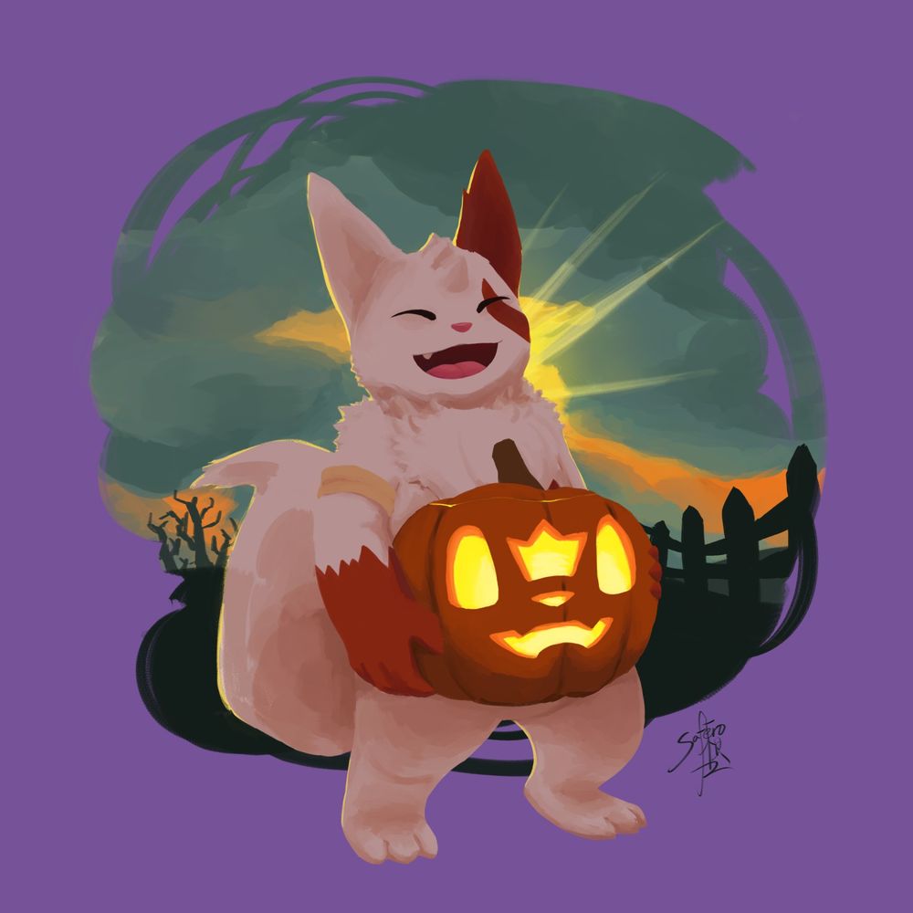 a smiling zangoose with a armband holding up a jack-o-lantern with a chesnaught face on it. #saferoart #furryart