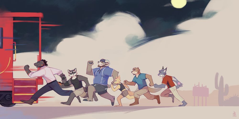 Flynn, Kudzu, Carl, Jenna, Chase, and TJ from Echo running after a caboose #saferoart