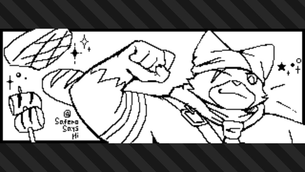 A monochrome pixel art sketch of Meowscular Chef from Monster Hunter World for the deserted island splatfest, drawn in Splatoon 3 #saferoart