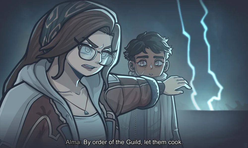 Alma from Monster Hunter holding back Nata and saying: 'By order of the guild, let them cook.'