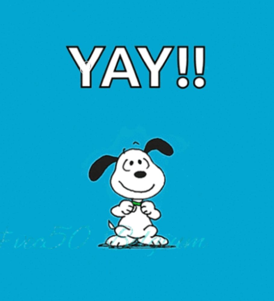 a blue background with snoopy and the words yay !!