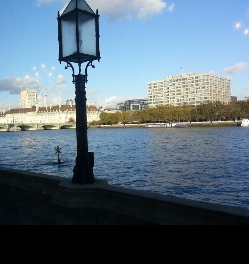 The river Thames and the wall on the far bank seen from the terrace of Parliament on a sunny day.