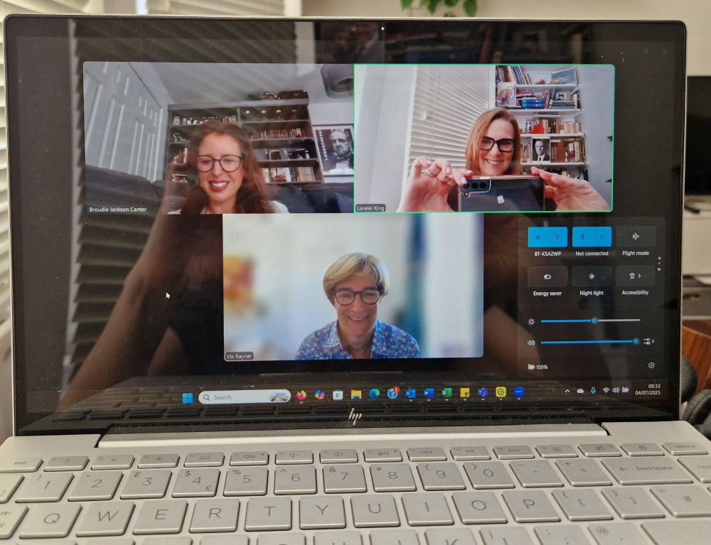 A photo of our Zoom screen showing the three of us. 