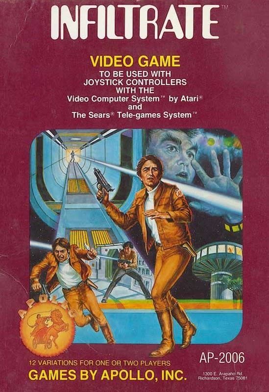 Box art for the Atari Game Infiltrate which is some kind of cinematic star wars looking space escape.