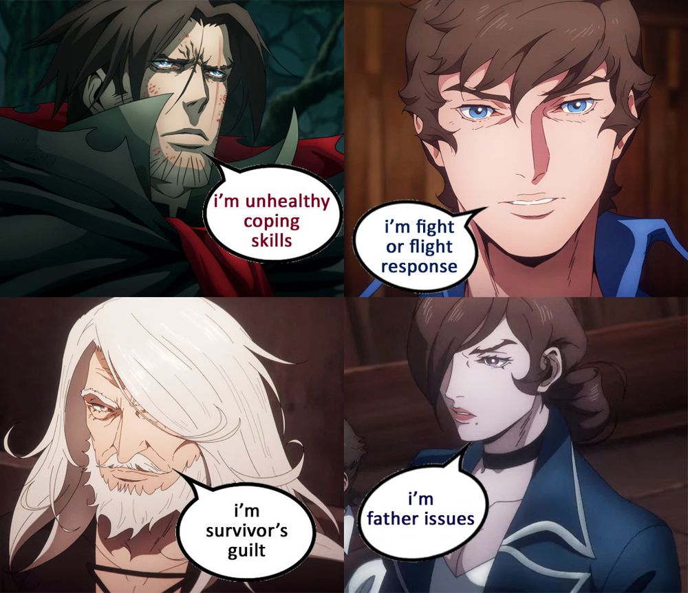 a four square image of trevor belmont, richter belmont, juste belmont, and julia belmont from castlevania with the following speech bubbles:
"i'm unhealthy coping skills"
"i'm fight or flight response"
"i'm survivor's guilt"
"i'm father issues"