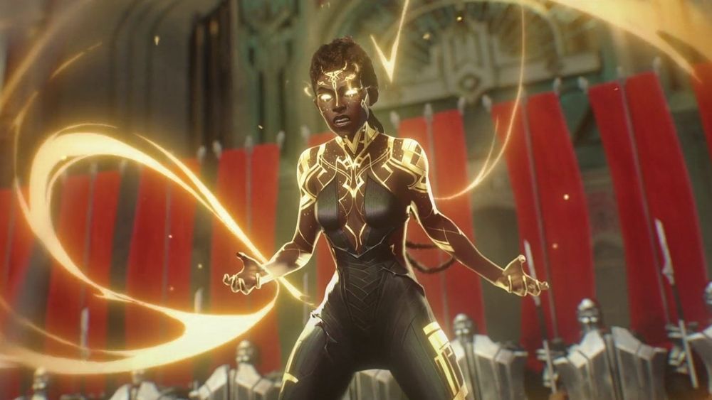 mel medarda from arcane season 2 using her powers while wearing a skin tight black suit with gold armor