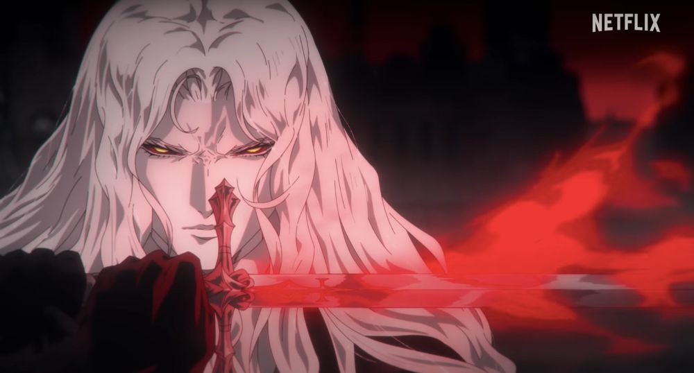 alucard from castlevania: nocturne with blood red eyes and wielding a flaming sword
