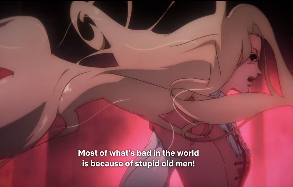 maria renard from castlevania: nocturne with the subtitle: "most of what's bad in the world is because of stupid old men"