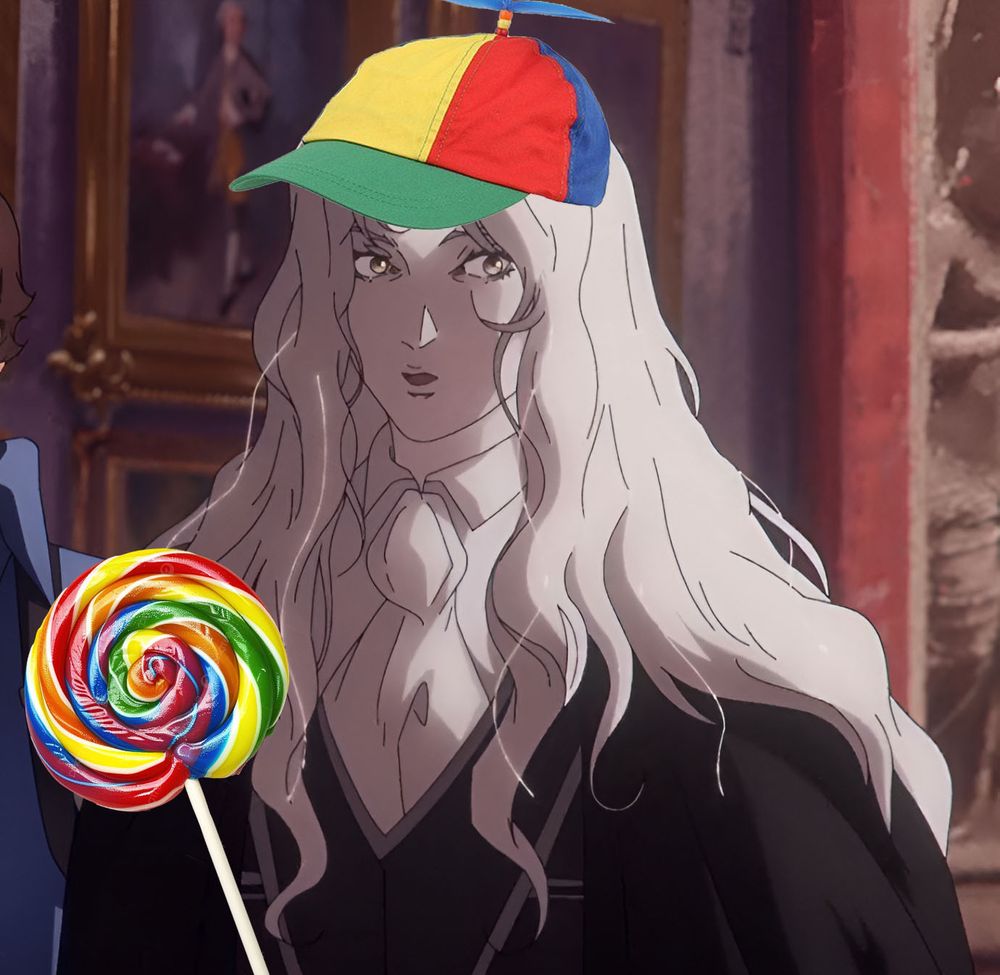 alucard from castlevania: nocturne with a propeller hat and lollipop
