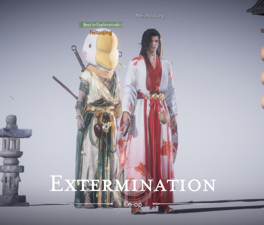 Screenshot of a co op mode results screen with two characters shown. 