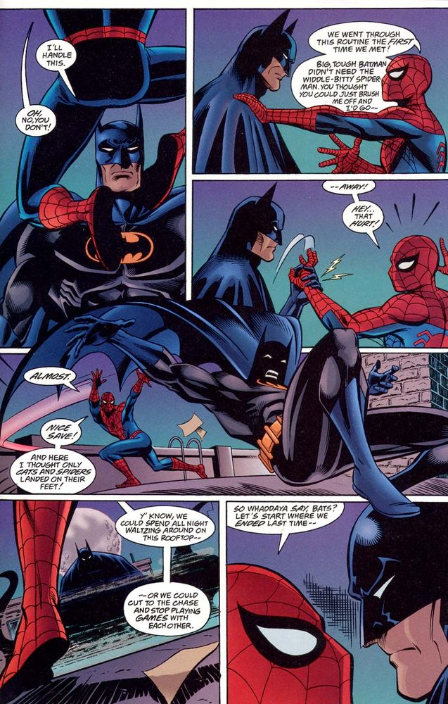 A series of comic panels depicting Spider-Man and Batman working together. Batman dismisses Spider-Man's help and grabs Spider-Man's hand, prying it off his shoulder. Spider-Man then throws Batman easily and chastises him for acting tough.
