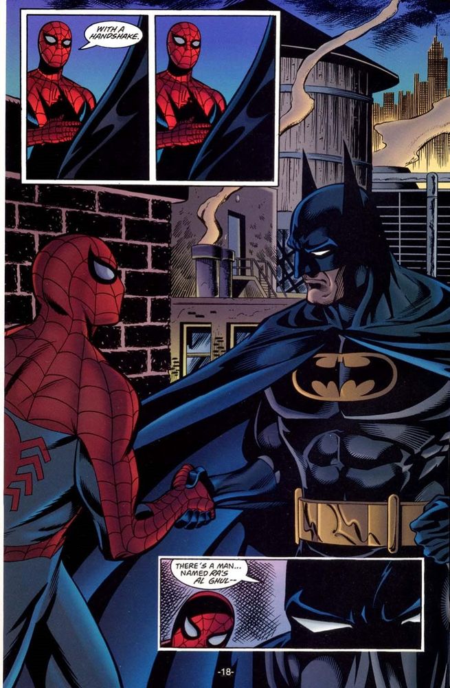 A series of comic panels depicting Spider-Man and Batman working together. After Spider-Man humbles Batman, Batman agrees to work with Spider-Man and they give one another handshake to affirm their partnership.