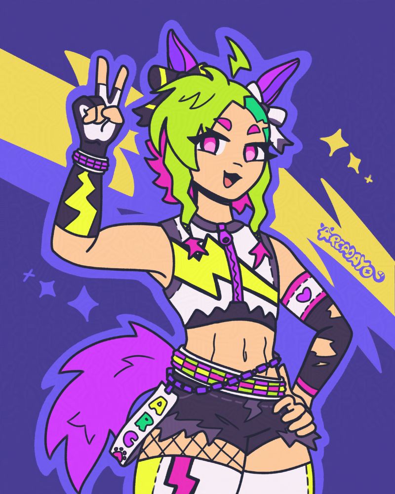 Tag: Arca's Art
Descript: A flat colour, anime/cartoony styled character drawing that stops at the thighs. The figure is a 'horsegirl' based off of the style of Umamusume, with neon green spiky hair that is short, two braids dangling past their collarbone, magenta pink eyes, with purple ears and accents. They wear a punk style outfit inspired by race-wear, that is white, black, grey, with green, magenta, purple, and yellow accents. The design has a lightning bolt motif and a slim but muscular build.
