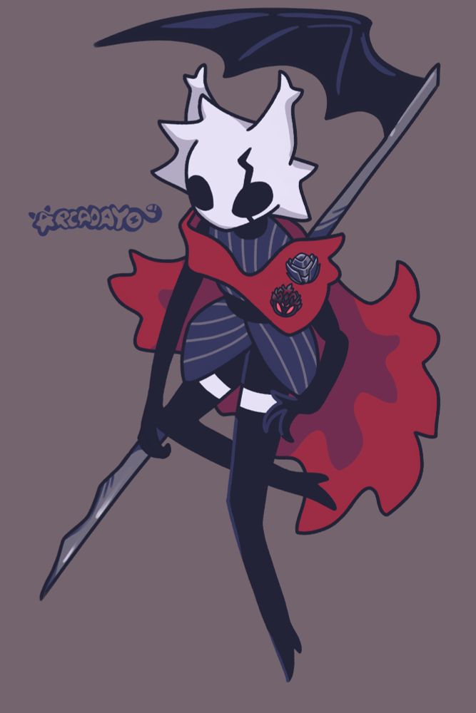 Tag: Arca's Art
Descript: A Hollow Knight inspired character with four dark limbs, a white exoskeletal head that has horns similar to lynx ears and spikes resembling short hair, with a lightning shaped crack going over their left eye. They have dark blue bug-shell armour resembling a chestplate and warrior skirt with pinstripes, and a white stripe on their legs resembling shorts and thigh high socks. They wear a fluffy red leaf cape adored with the Longnail charm and the Fury of the Fallen charm, and they weild a long, metallic staff with a batwing shaped scythe blade at the top.