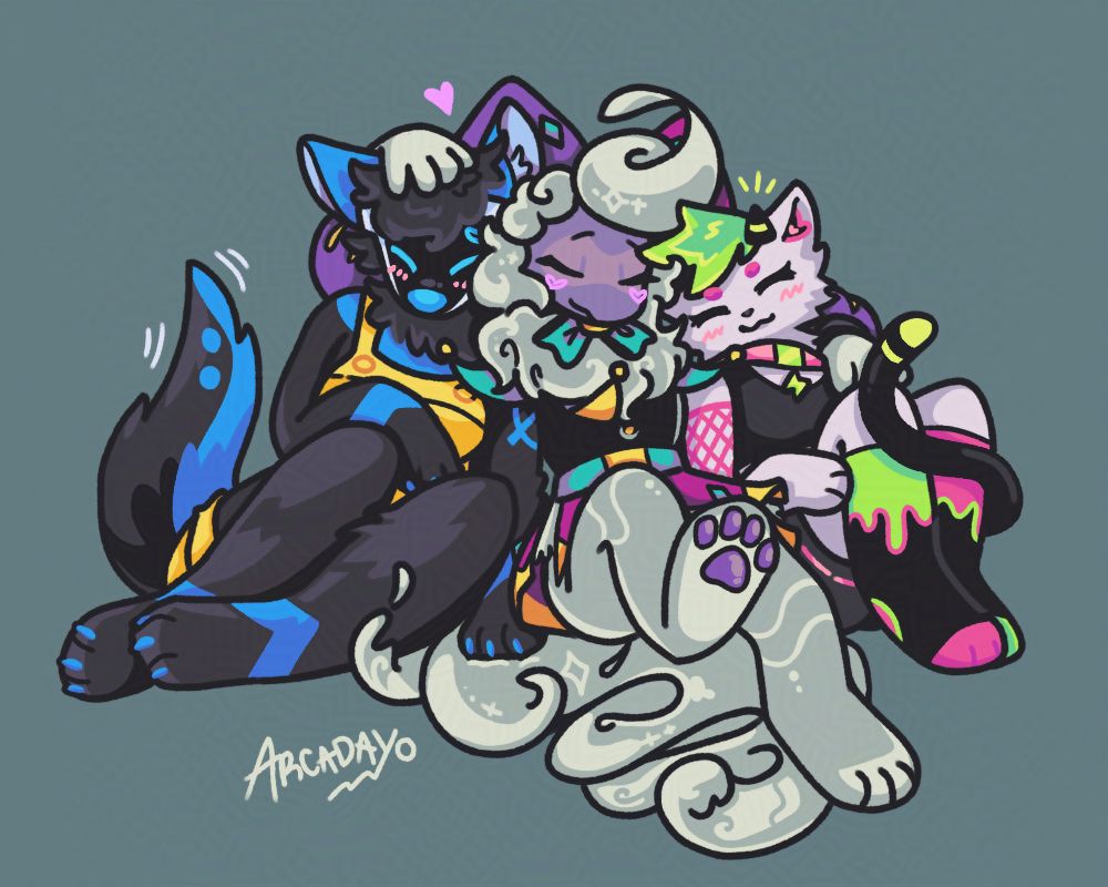 three characters cuddling in a sitting position presumably on a couch, from the left to right there is dotbeeps' character (a dark grey cyber dog with a digital visor and blue accents), she is leaning into princess Ashan's character on her right who is a fluffy sheep/dog-like creature inspired by the icy castform with purple and magenta and gold accents, on the furthest right leaning on her is Arcadayo the white furred cat version with neon pink and green accents.

tag: Arca's Art