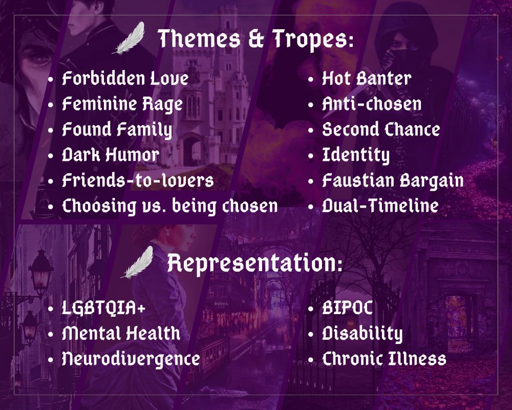 Themes & Tropes: 
- Forbidden Love	- Hot Banter
- Feminine Rage	- Anti-Chosen
- Found Family	- Second Chances
- Dark Humor		- Identity 
- Friends-to-lovers	- Faustian Bargain
- Choosing vs. being chosen 
- Dual-Timeline

Representation: 
- LGBTQIA+ 		- BIPOC 
- Mental Health 	- Disability
- Neurodivergence	- Chronic Illness