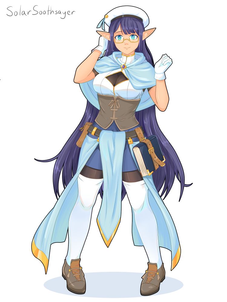 A purple haired elf woman with light skin and blue eyes. Her hair is long, reaching her knees in length. She is wearing a blue skirt, white thigh-high socks, and a white beret. She has a book strapped to her hip, and glasses. Under her clothes she wears black tights over most of her body.