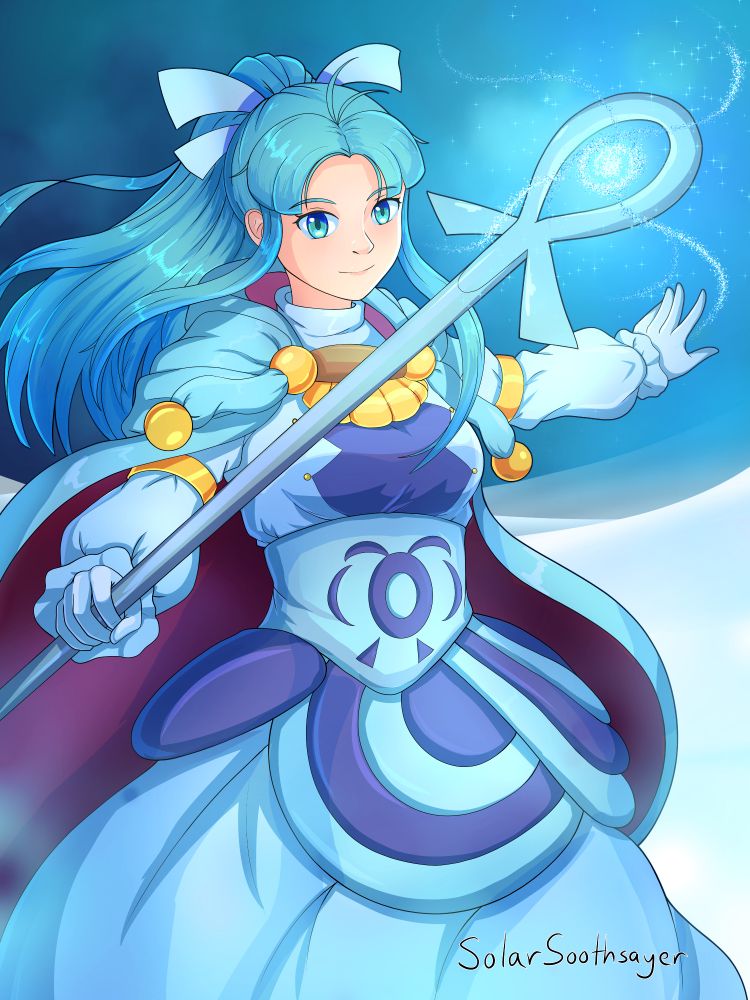Mia, from Golden Sun, a blue haired woman wearing a light blue robe and carrying a staff. She is casting a spell.