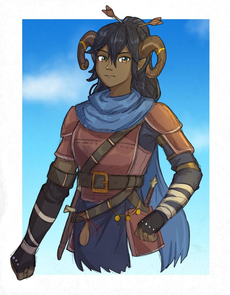 A tiefling with brown skin and dark hair, with ram's horns. They are wearing leather armor, with several belts carrying daggers.