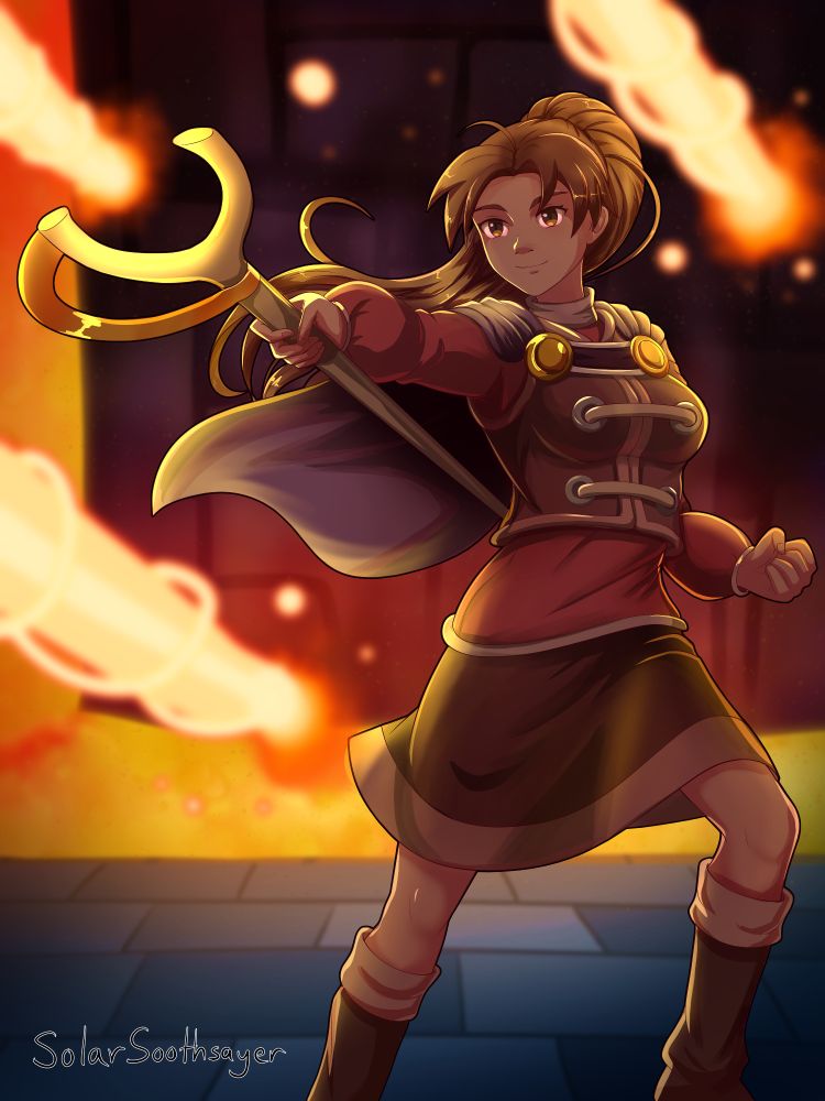 Jenna, from Golden Sun. She is holding a staff and casting a fire spell.