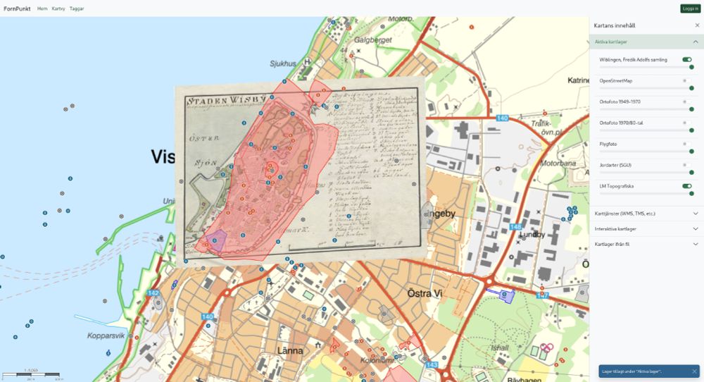 A map of Visby, Sweden with a historical map as an overlay.