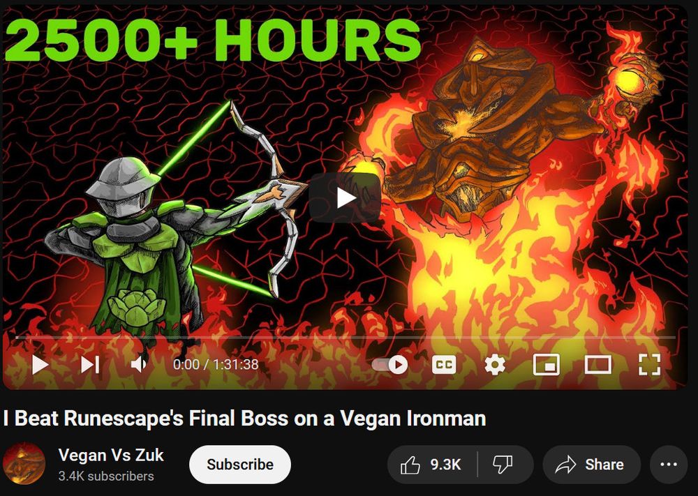 a screenshot of a youtube video titled "I Beat Runescape's Final Boss on a Vegan Ironman" by a youtuber called "Vegan Vs Zuk". The thumbnail shows their player character wearing a stylised void knight ranged set, alongside a cosmetic cabbage cape, aiming a Craw's bow at TzKal-Zuk, the final boss of Runescape's greatest challenge.