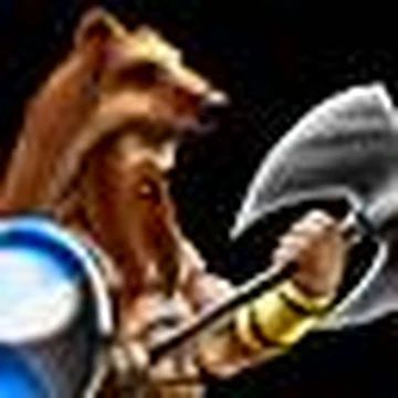 A low-resolution image of an Ulfsark, a basic Norse infantry unit from the game "Age of Mythology". They are seen wearing a bear pelt, with the head of the bear acting as a hood, a small shield on their right arm, and a gold bracelet on their left. They are not wearing anything on their chest. They are holding a vicious-looking double-headed two-handed axe.