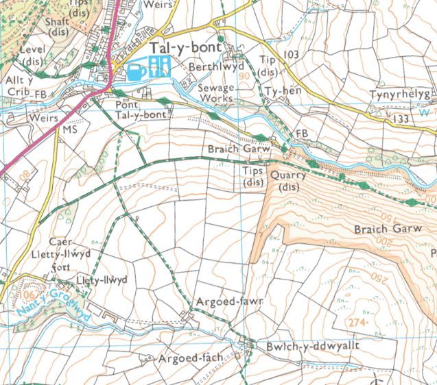 A map showing the area around Talybont