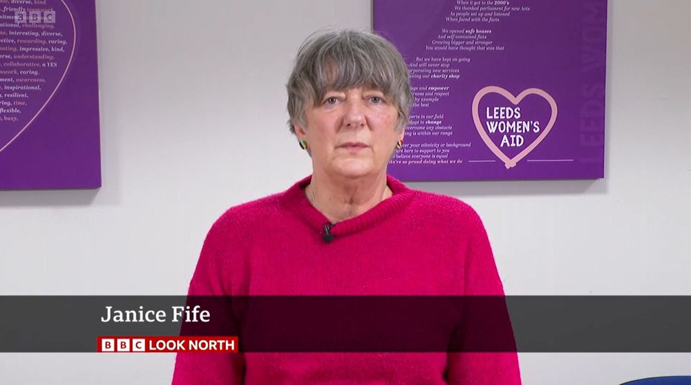 Screenshot of BBC Look North coverage, Janice Fife Director of Operations talking to camera, with LWA poster in background 