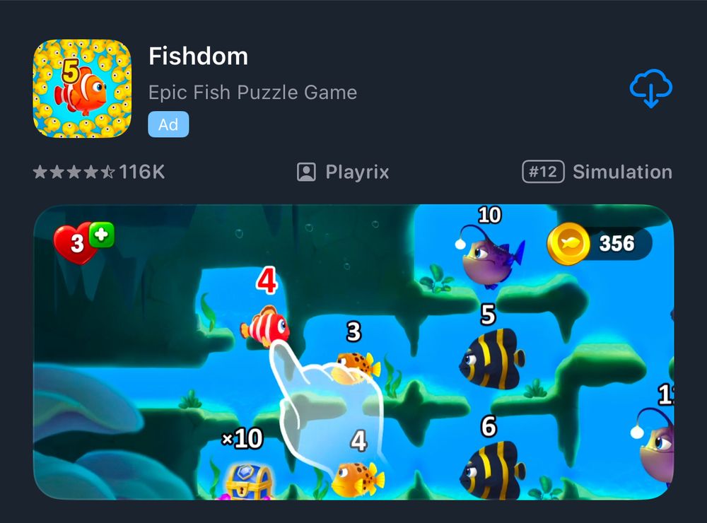 A screenshot of the App Store for the “epic fish puzzle game” (their words, not mine) called Fishdom. 