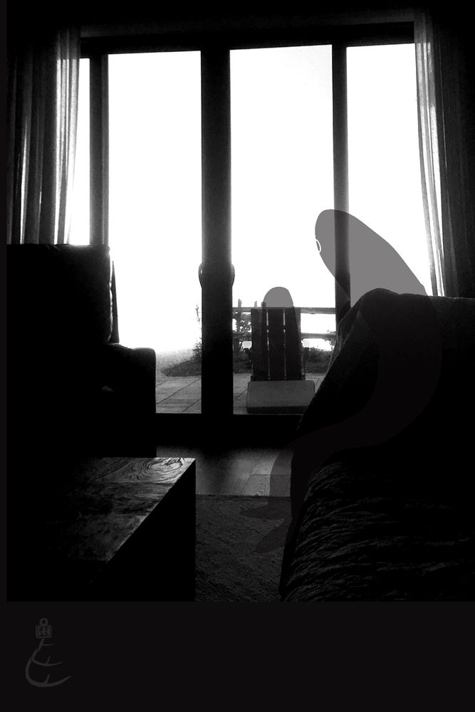 A black and white collage of photograph and illustration, depicting two simplistic shadows in a domestic setting. One sits upon an arondak chair upon the porch, back to the viewer. The other shadow sits upon a couch and gazes out at the other shadow, or perhaps to the white void beyond the fence.