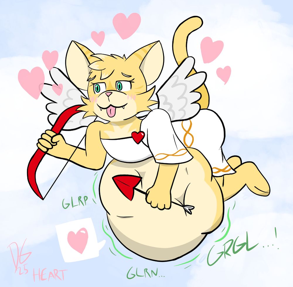 Marigold the cat (MtF trans cat!!!!) in the air, with a cute cupid outfit on for Halloween! And she's even got someone in her fluffy tum too, gosh!
