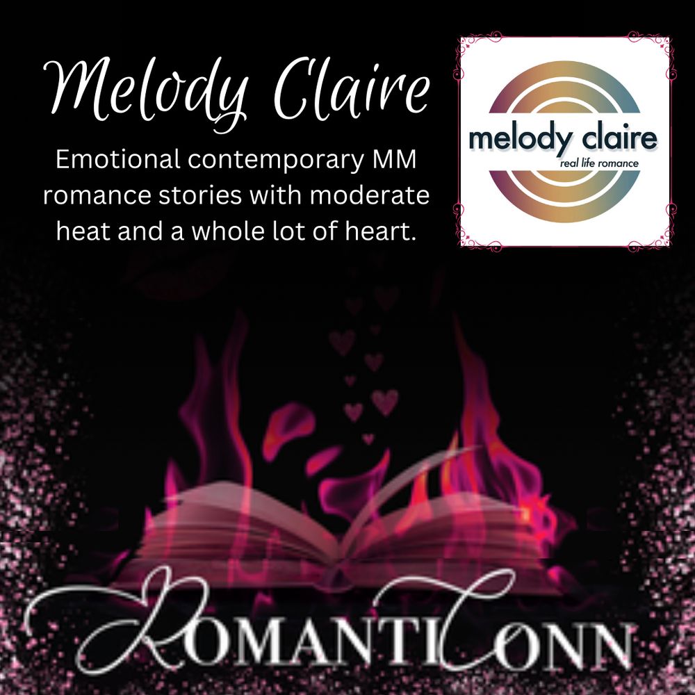 Melody Claire's rainbow author logo over the RomantiConn logo, with text reiterating the information from this bsky post.