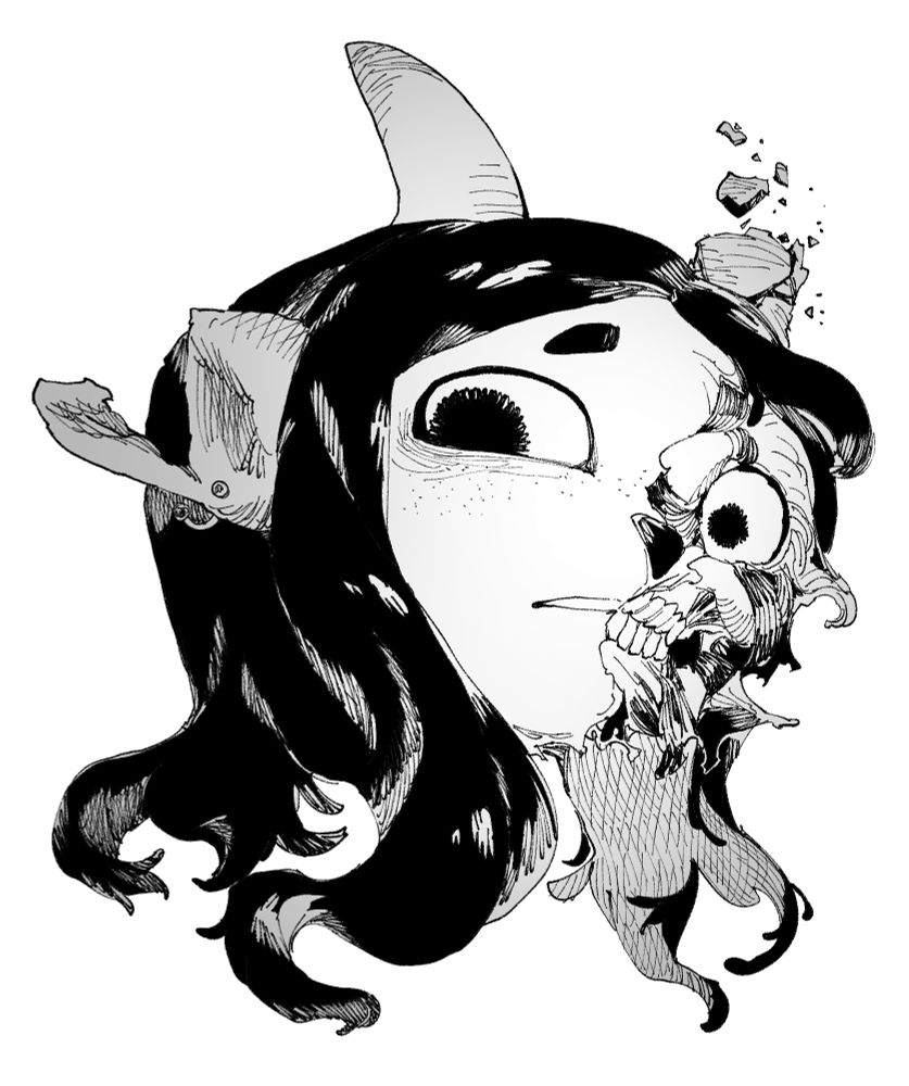 A head drawing of Herny (Sona) on a white background, with the left half of his face open with parts of the skull exposed and flesh hanging, only leaving the untouched.

His left horn vanishing as if fading from existance with their right ear showing a cut going from the side of the ear down to the upper perforation, leaving the famous septum earring hanging from the bottom perforation.

He is looking down at the viewer scared, but almost impending embrace.